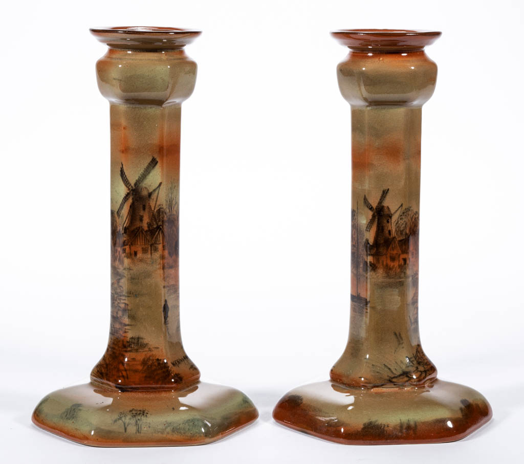 AMERICAN BUFFALO POTTERY ABINO WARE CERAMIC CANDLESTICK PAIR Jeffrey