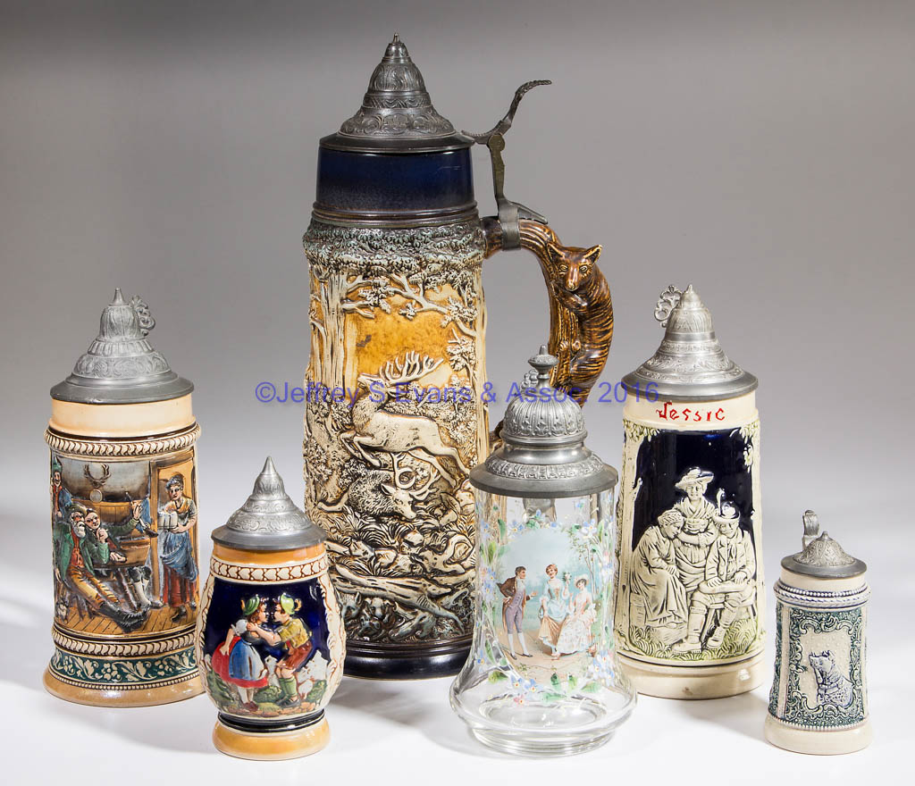 GERMAN GLASS AND CERAMIC STEINS, LOT OF SIX Jeffrey S. Evans & Associates