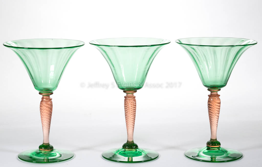 STEUBEN TWIST-STEM ART GLASS WINES, LOT OF THREE