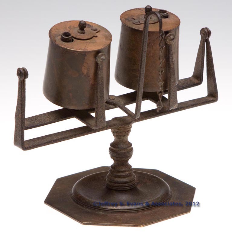 WROUGHT IRON AND BRASS KETTLE LARD LAMPS ON TRUNNION STAND Jeffrey S