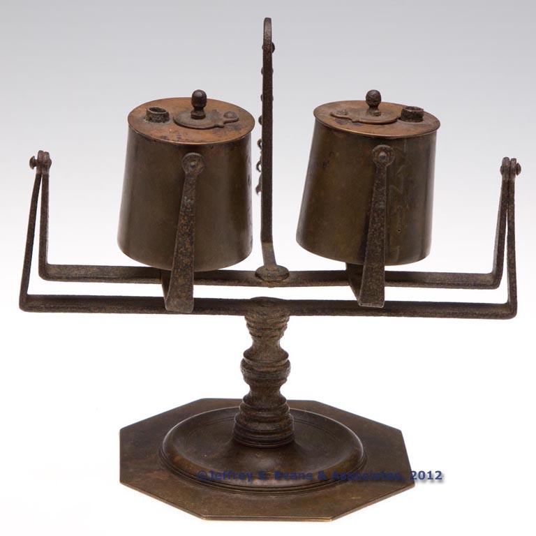 WROUGHT IRON AND BRASS KETTLE LARD LAMPS ON TRUNNION STAND Jeffrey S