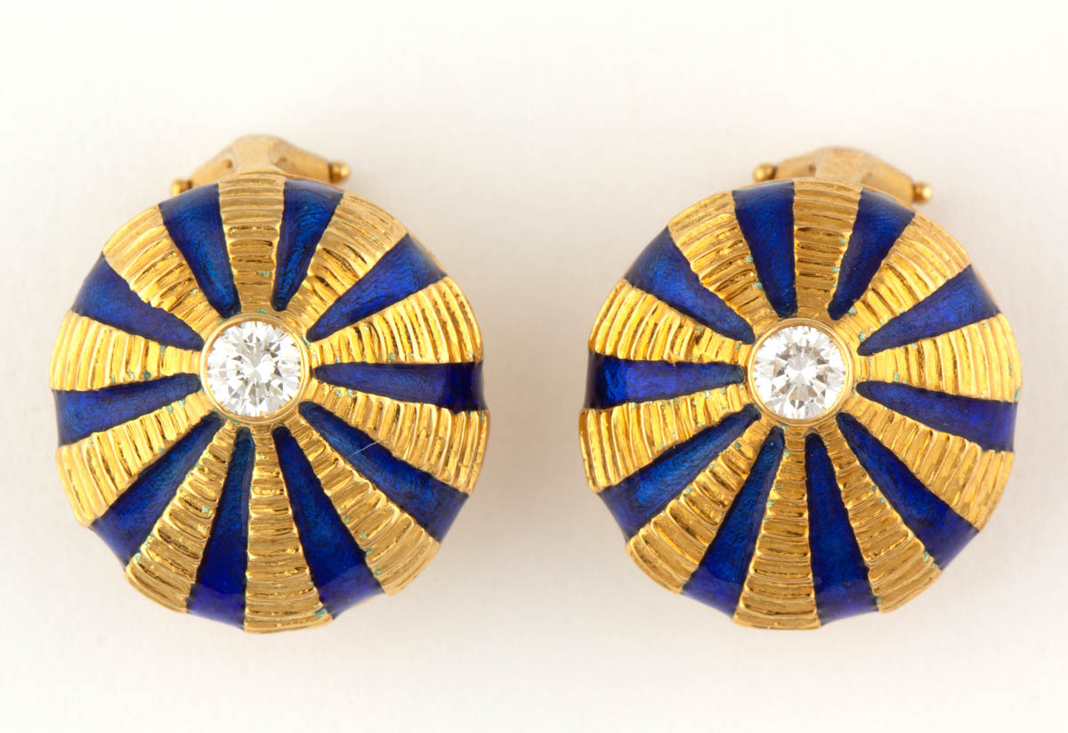 JEAN SCHLUMBERGER FOR TIFFANY & CO. 18K YELLOW GOLD, DIAMOND, AND ENAMEL “TAJ MAHAL” EARRINGS, PAIR