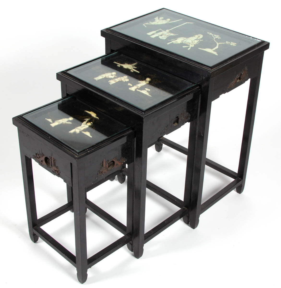 CHINESE INLAID LACQUERED SET OF THREE NESTING TABLES
