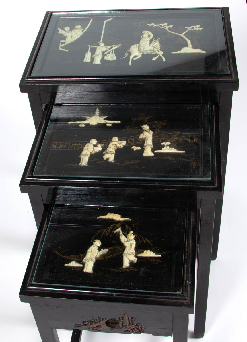 CHINESE INLAID LACQUERED SET OF THREE NESTING TABLES