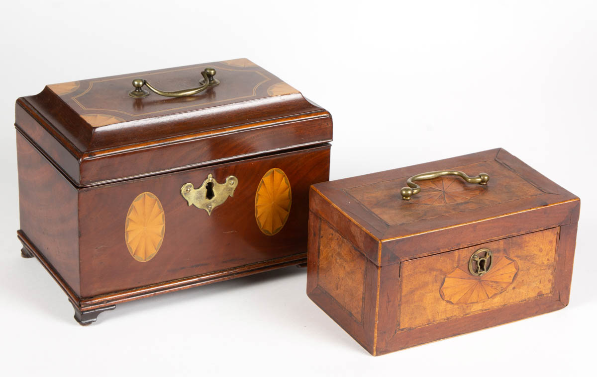 ENGLISH INLAID MAHOGANY TEA CADDIES, LOT OF TWO