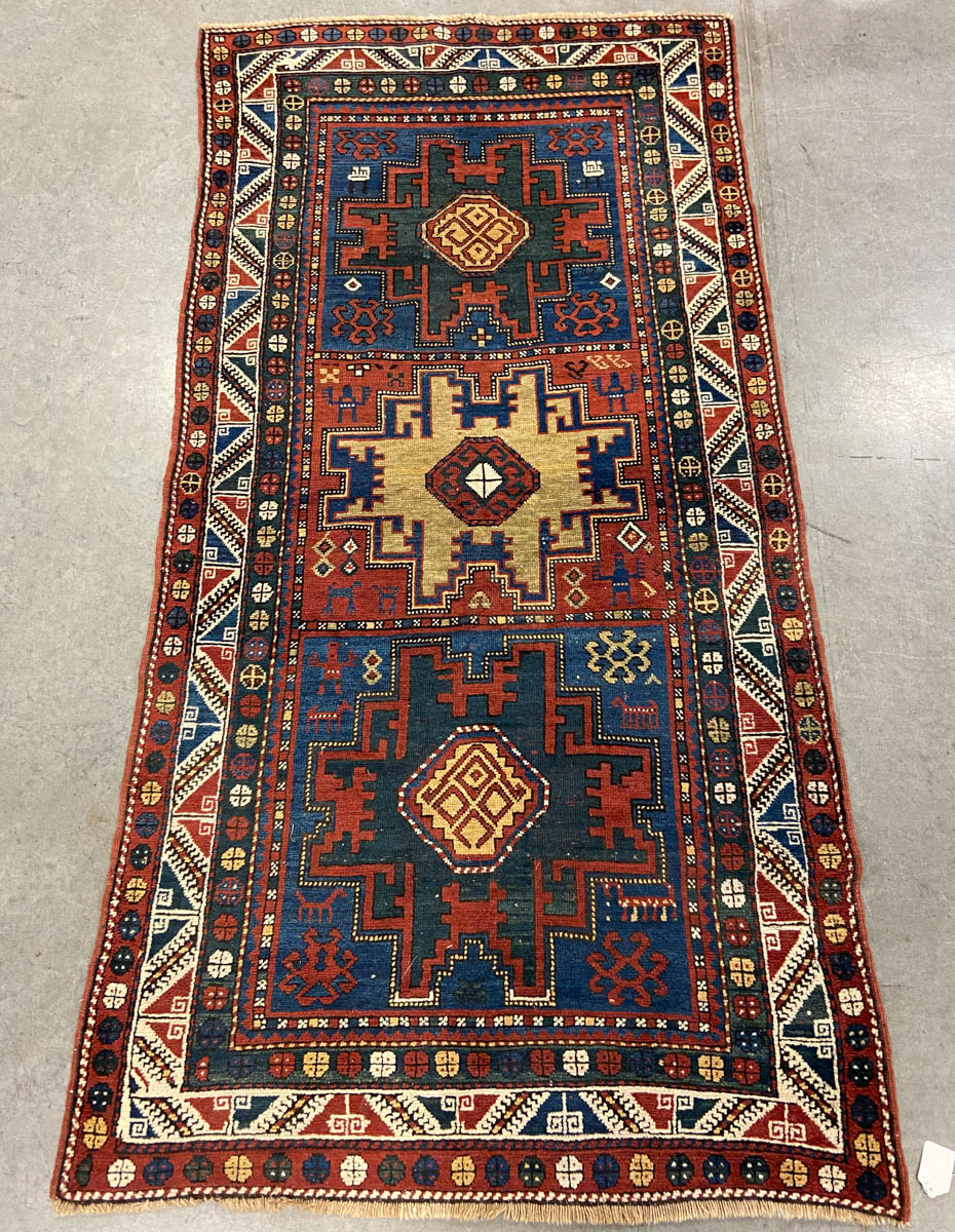 ANTIQUE CAUCASIAN LESGHI TRIBAL SCATTER RUG